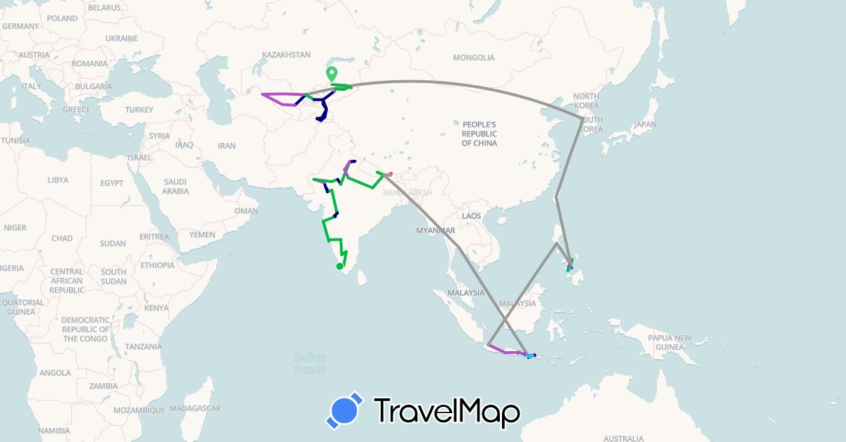 TravelMap itinerary: driving, bus, plane, cycling, train, hiking, boat, motorbike in Indonesia, India, Kyrgyzstan, South Korea, Nepal, Philippines, Thailand, Tajikistan, Taiwan, Uzbekistan (Asia)